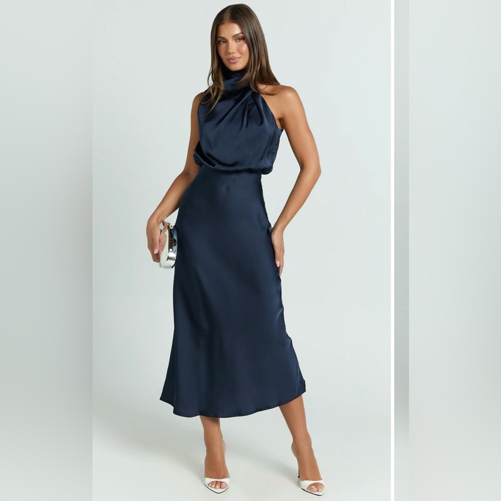 Showpo Midnight Blue Satin Midi Dress